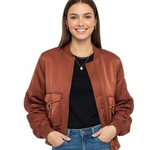 NWT House of Harlow 1960 satin ruched copper brown bomber jacket size L HOLIDAY